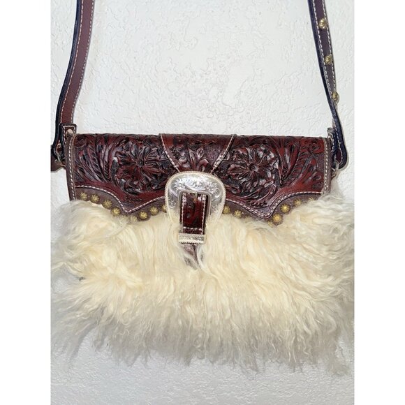 Montana Silversmiths Hand Tooled Leather Western Fur Crossbody Handbag Purse - Picture 2 of 11